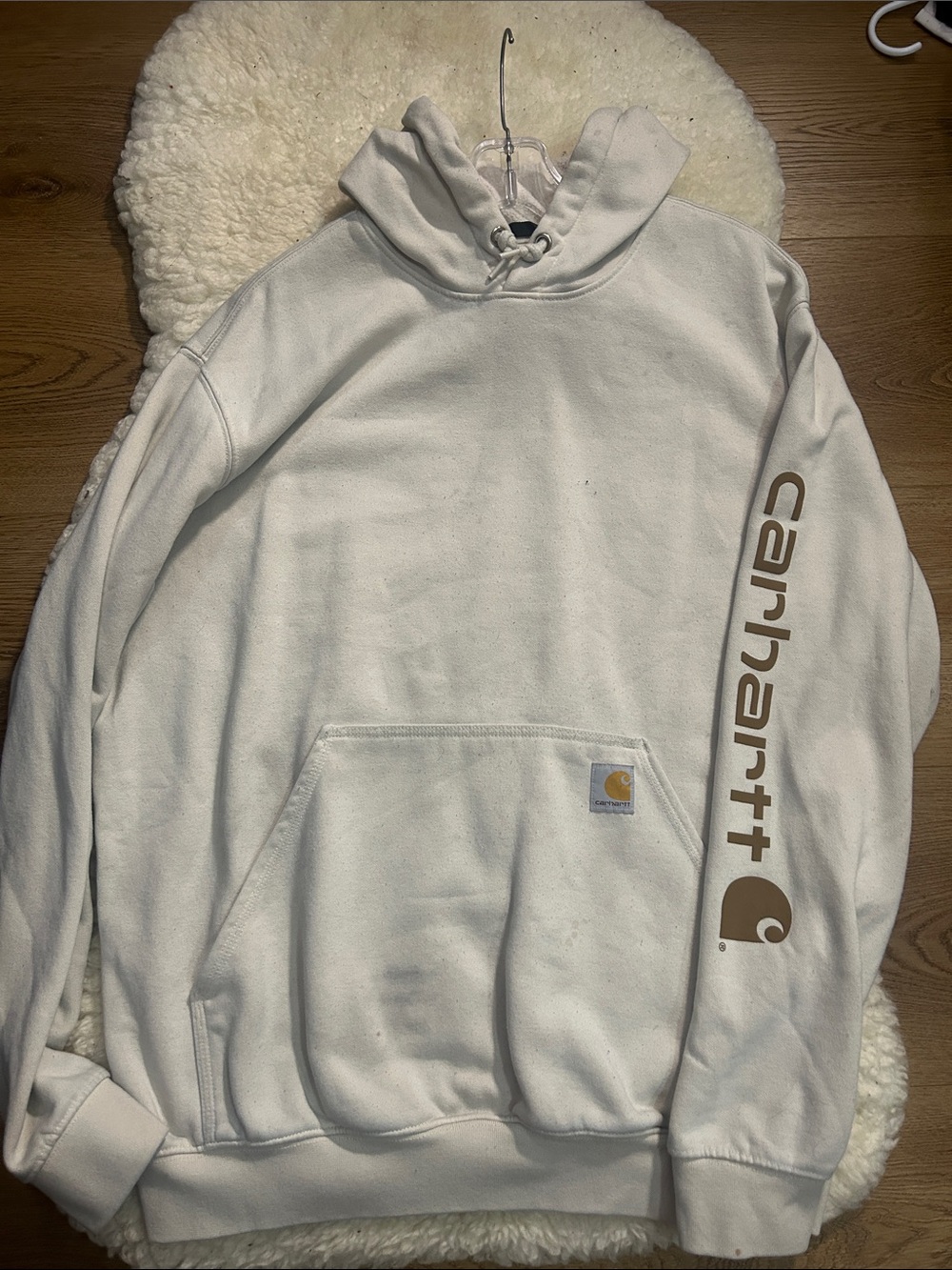 Carhartt Off-White Hooded Sweatshirt with Brown Sleeve Logo 25.5” Ptp